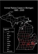 Animal Rabies Cases in Michigan, 1995-2005 - (Click to view enlarged image in new browser window)