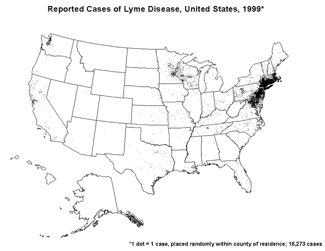 Map: Reported cases of Lyme disease in the United States, 1999.