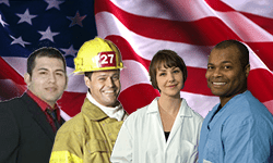 Photo of businessman, fireman, female lab tech and male doctor standing in front of a flag.