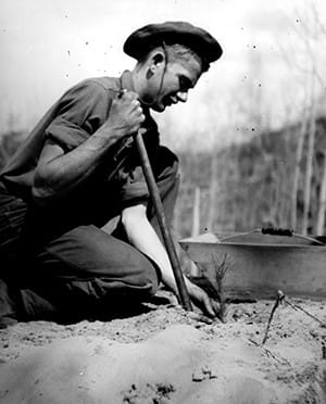 A "CCC boy" kneels to plant a tree seedling. A "CCC boy" kneels to plant a tree seedling.