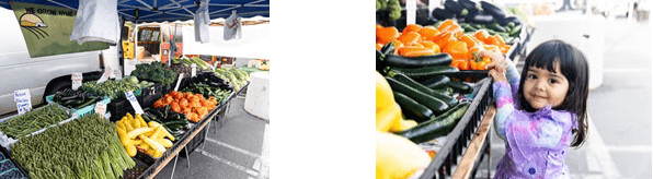 Child standing by fresh fruits and vegetables