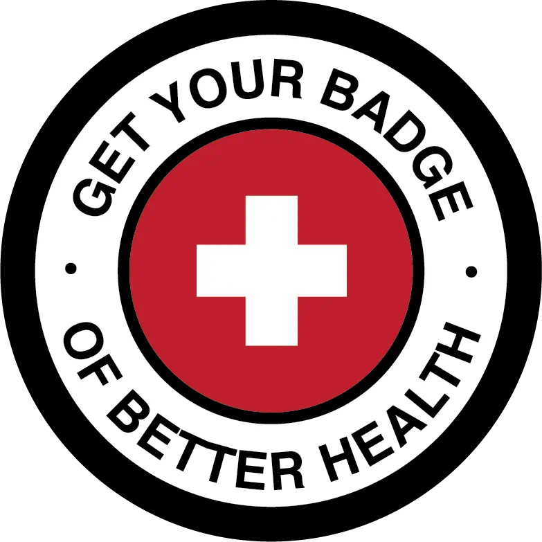 Circular badge featuring a health symbol (white cross on red background) and text reading get your badge of better health.