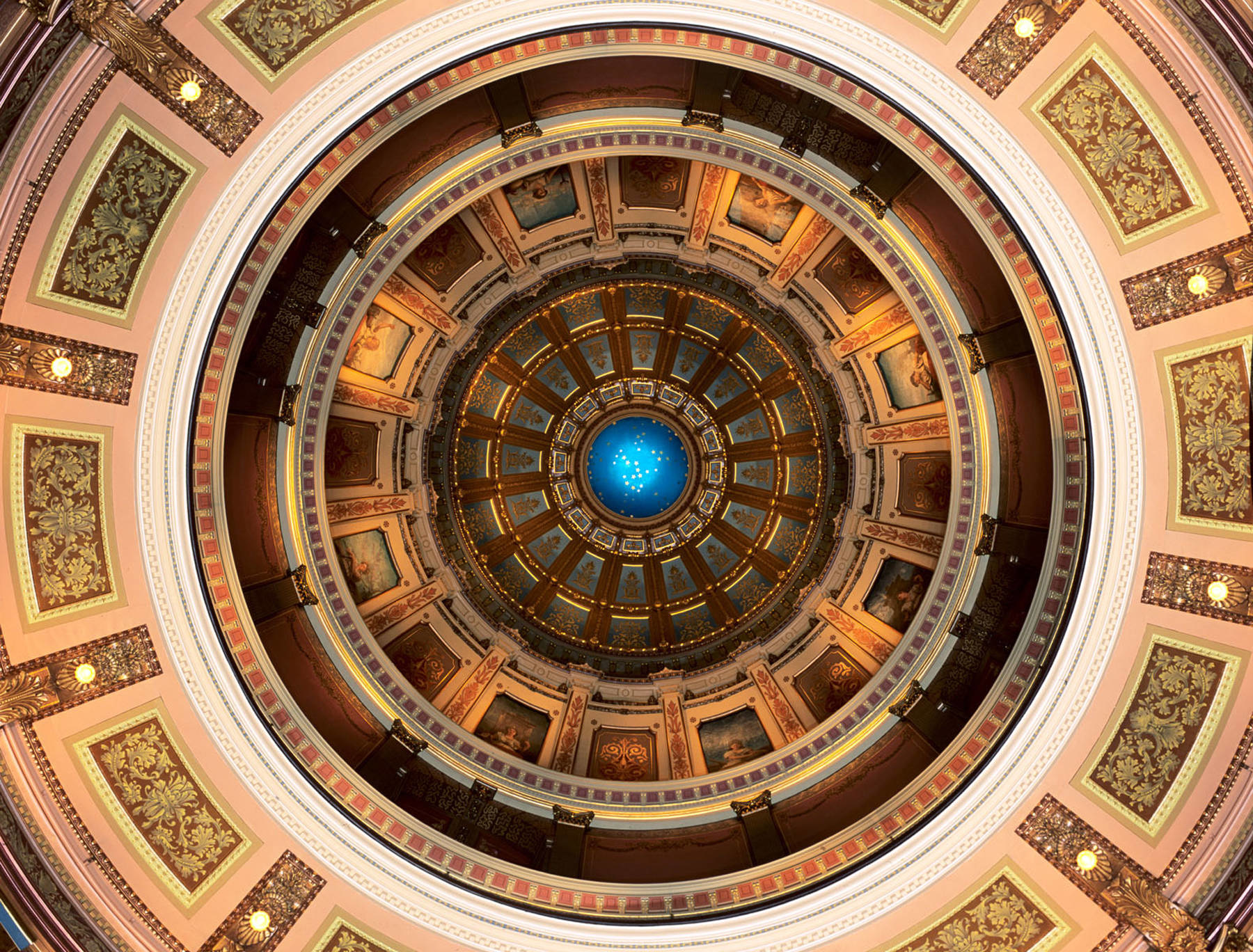 Looking up at the rotunda ceiling in the Michigan State Capitol.