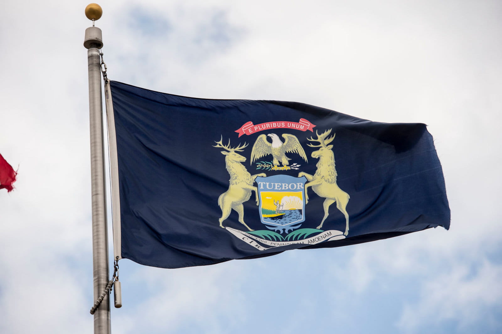 Photo of Michigan flag flying in the wind.