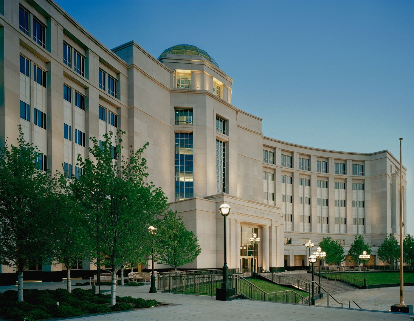 Exterior photo of the Michigan Hall of Justice Building.