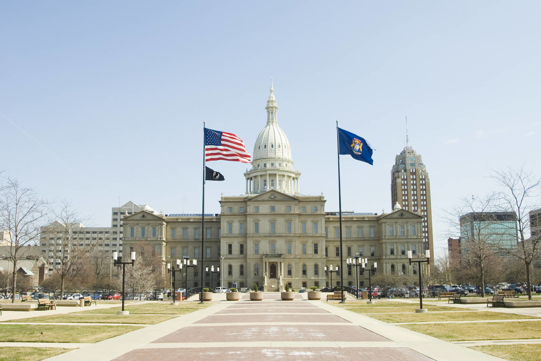 State of Michigan Capitol with flags flying.