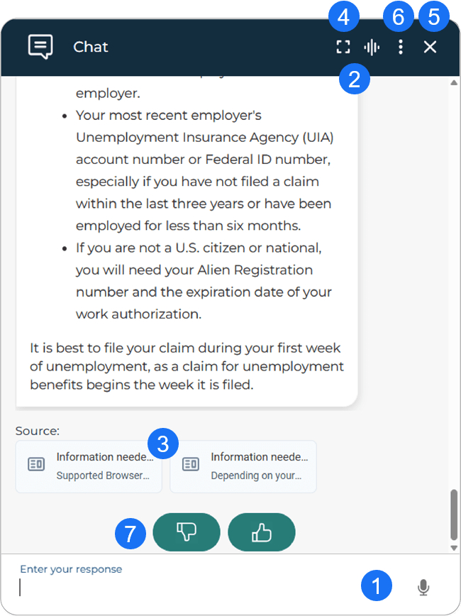 A screenshot of the chatbot interface with numbers indicating each section of it
