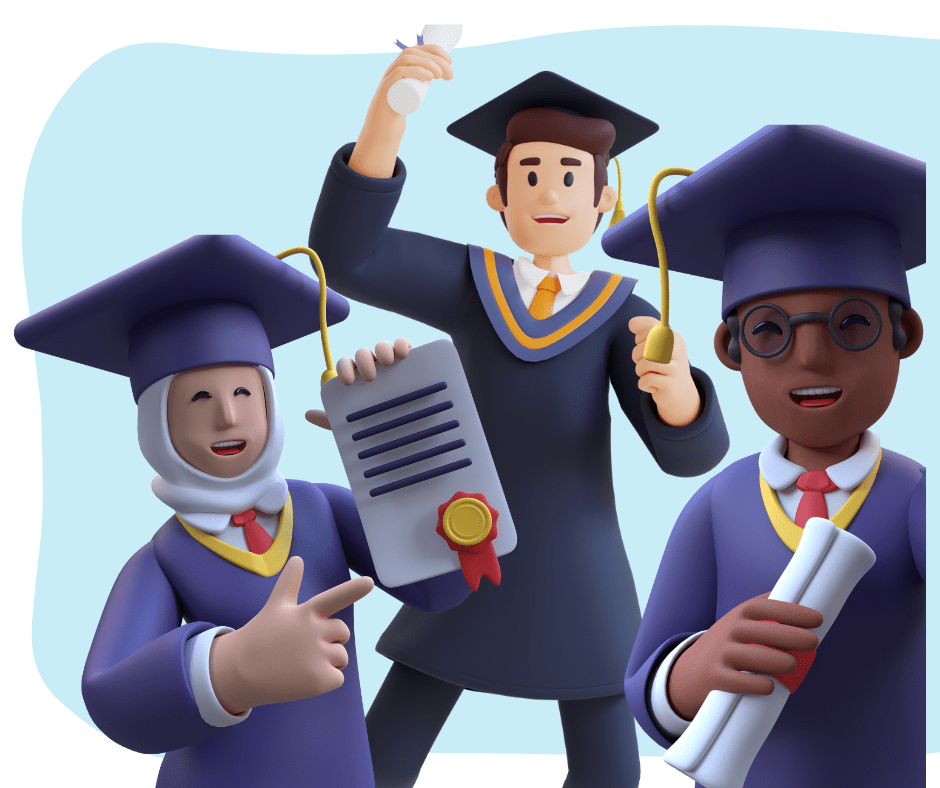 Three cartoon college graduate students holding their diplomas