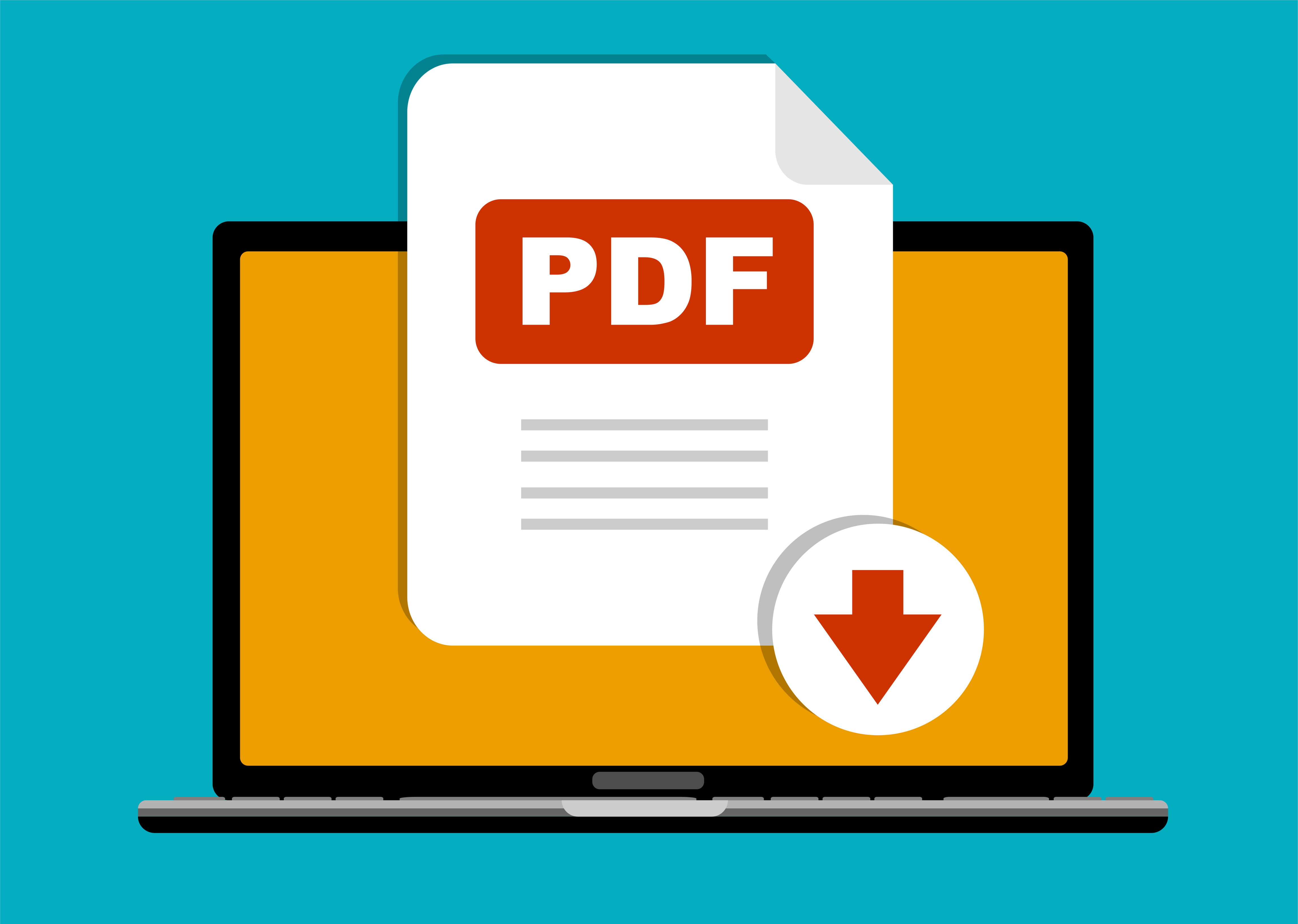 Download PDF button on laptop screen. Downloading document concept. File with PDF label and down arrow sign. Vector stock illustration.