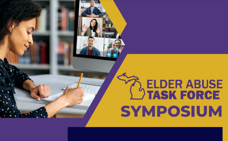 Woman writing on a piece of paper sitting at a desk in front of a computer on the left. Elder Abuse Task Force Symposium wording on right.