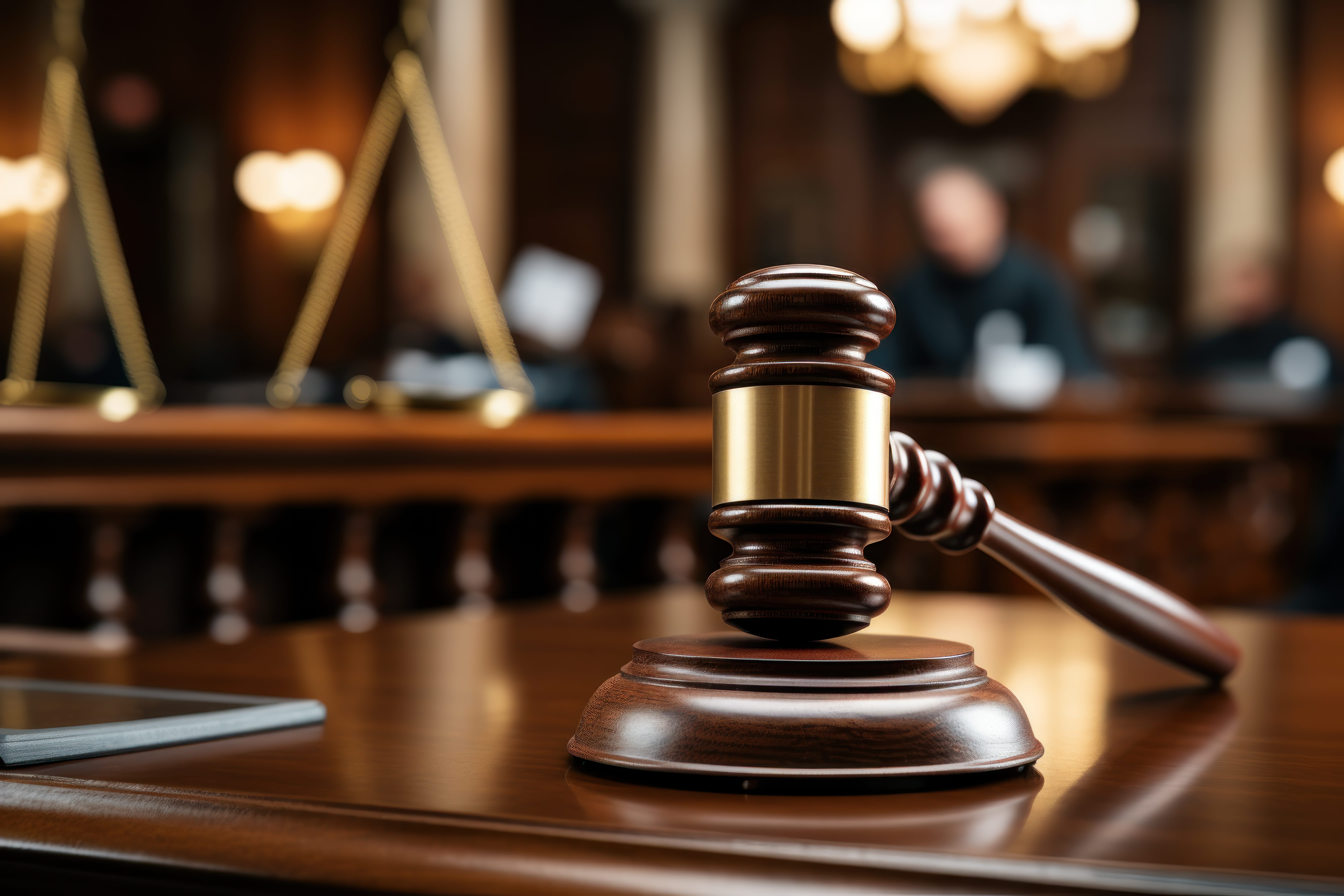 Law theme, mallet of judge, wooden gavel in courtroom
