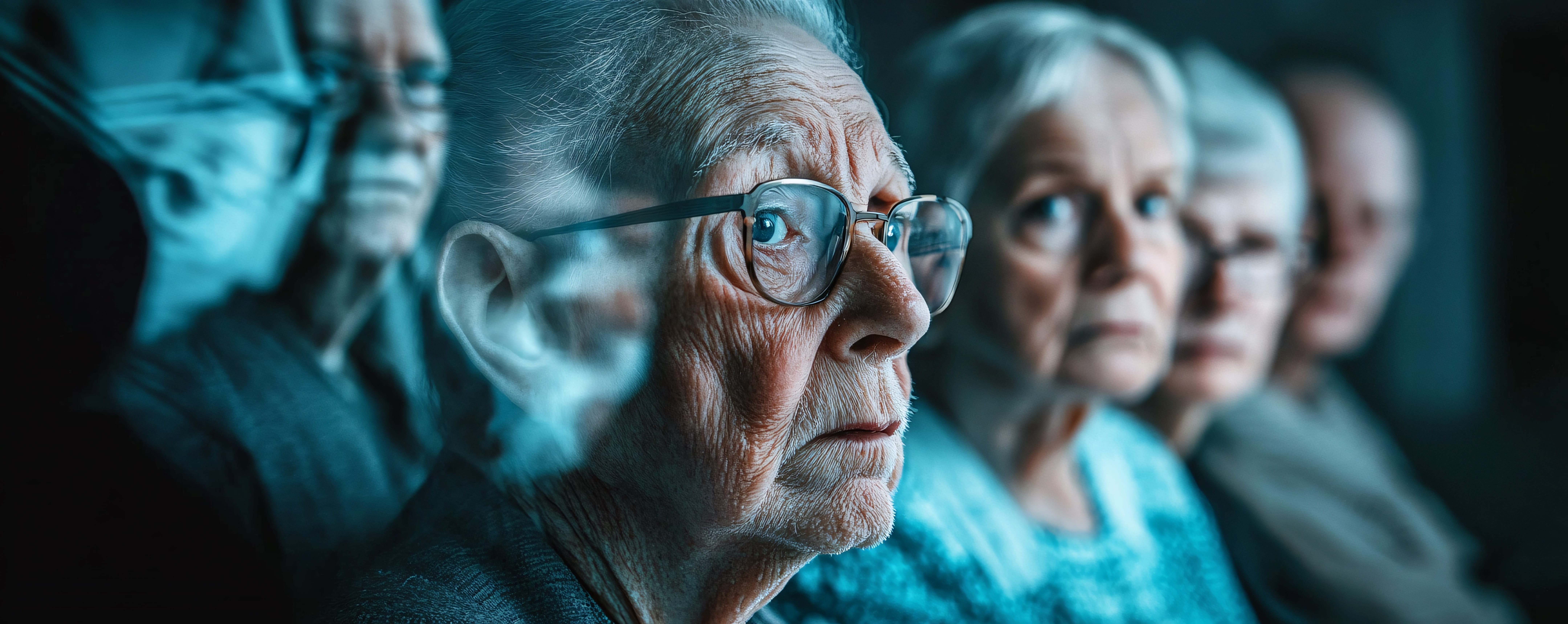 Group of senior citizens looking up with worried
