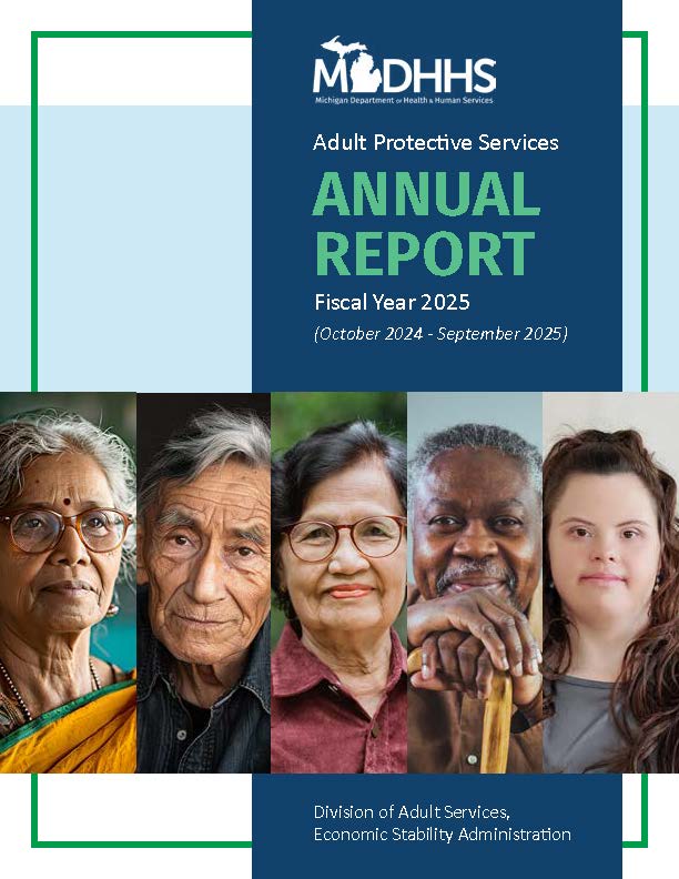 MDHHS Adult Protective Services 2025 Annual Report front cover featuring five older and diverse persons across the width of the publication