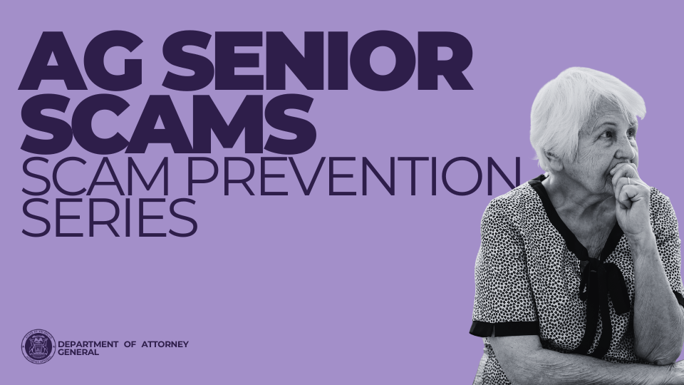 Power Point cover slide for the "AG Senior Scams Scam Prevention Series." Light purple background behind an older women looking pensive 