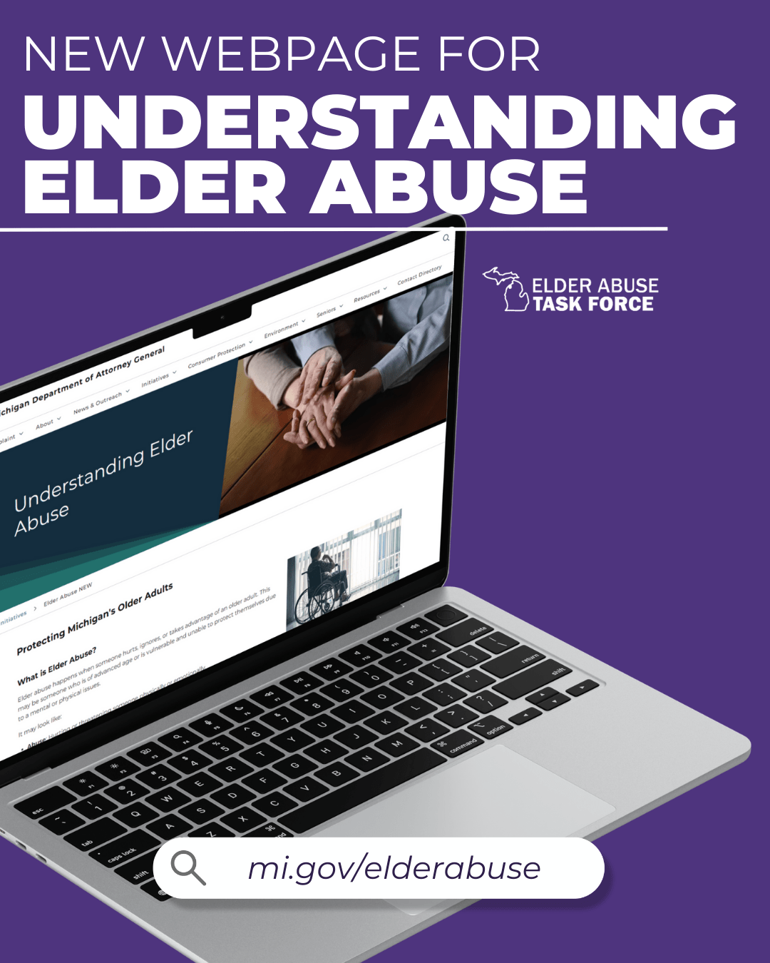 Updated elder abuse webpage displayed on laptop computer screen against purple background