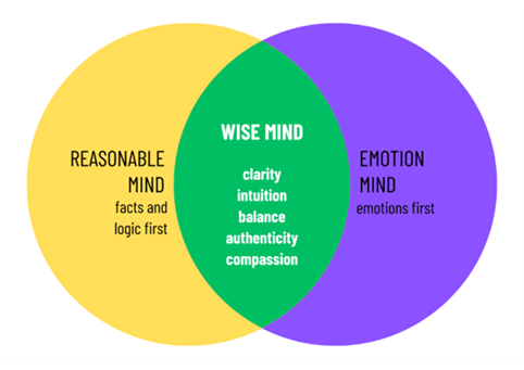 A three colored circle diagram (yellow - reasonable mind, green - wise mind, and purple - emotion mind) Reasonable mind - facts and logic first Wise mind - clarity, intuition, balance, authenticity, and compassion Emotion mind - emotions first