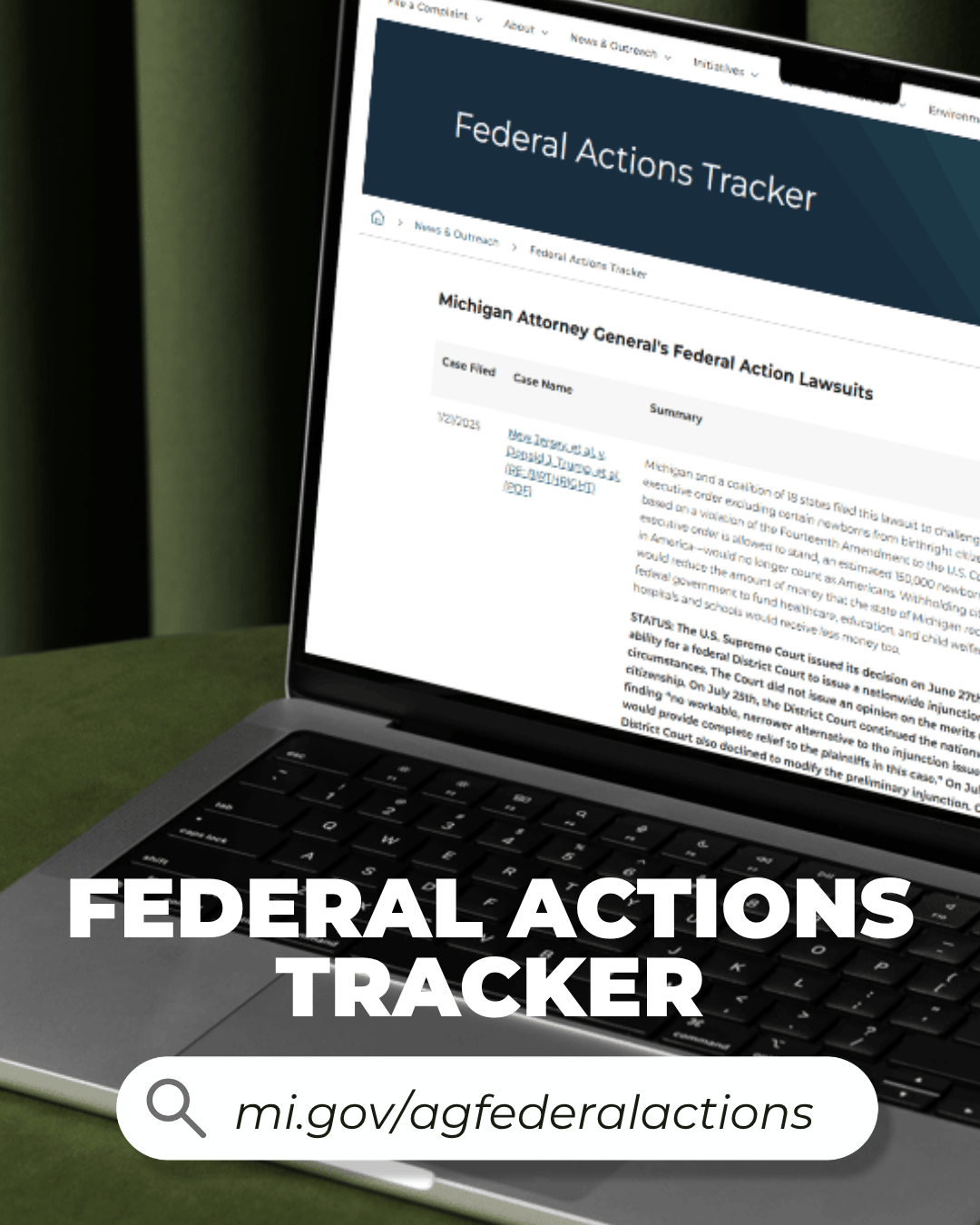 Laptop screen displaying the Michigan Attorney General's 'Federal Actions Tracker' webpage, featuring a search bar and case summaries of federal lawsuits. The background includes green curtains