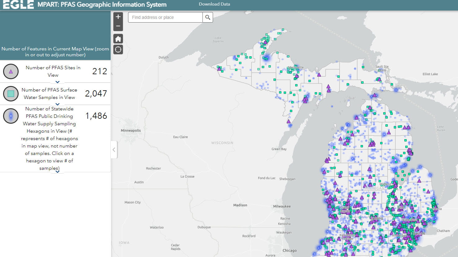 Screenshot of EGLE's interactive Michigan map located on their PFAS Sites and Areas of Interest page