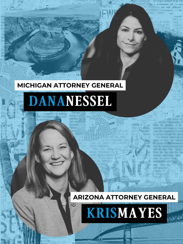 MI Attorney General Dana Nessel headshot top of page, AZ Attorney General Kris Mayes headshot bottom of page