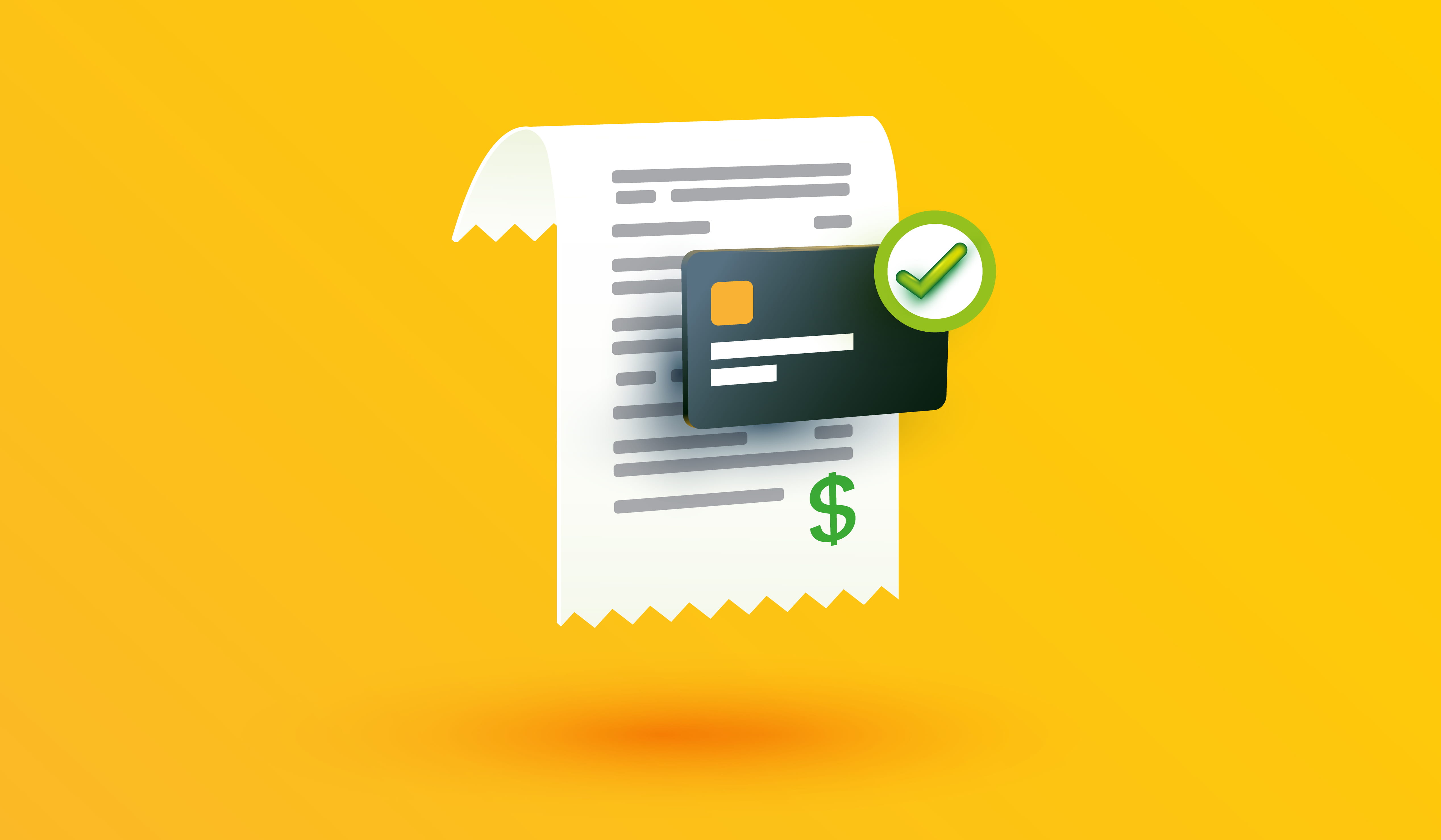 Payment transaction via credit card success on yellow background. Money approved online shopping sign or symbol design for mobile banking applications and website concept 3d vector illustration.