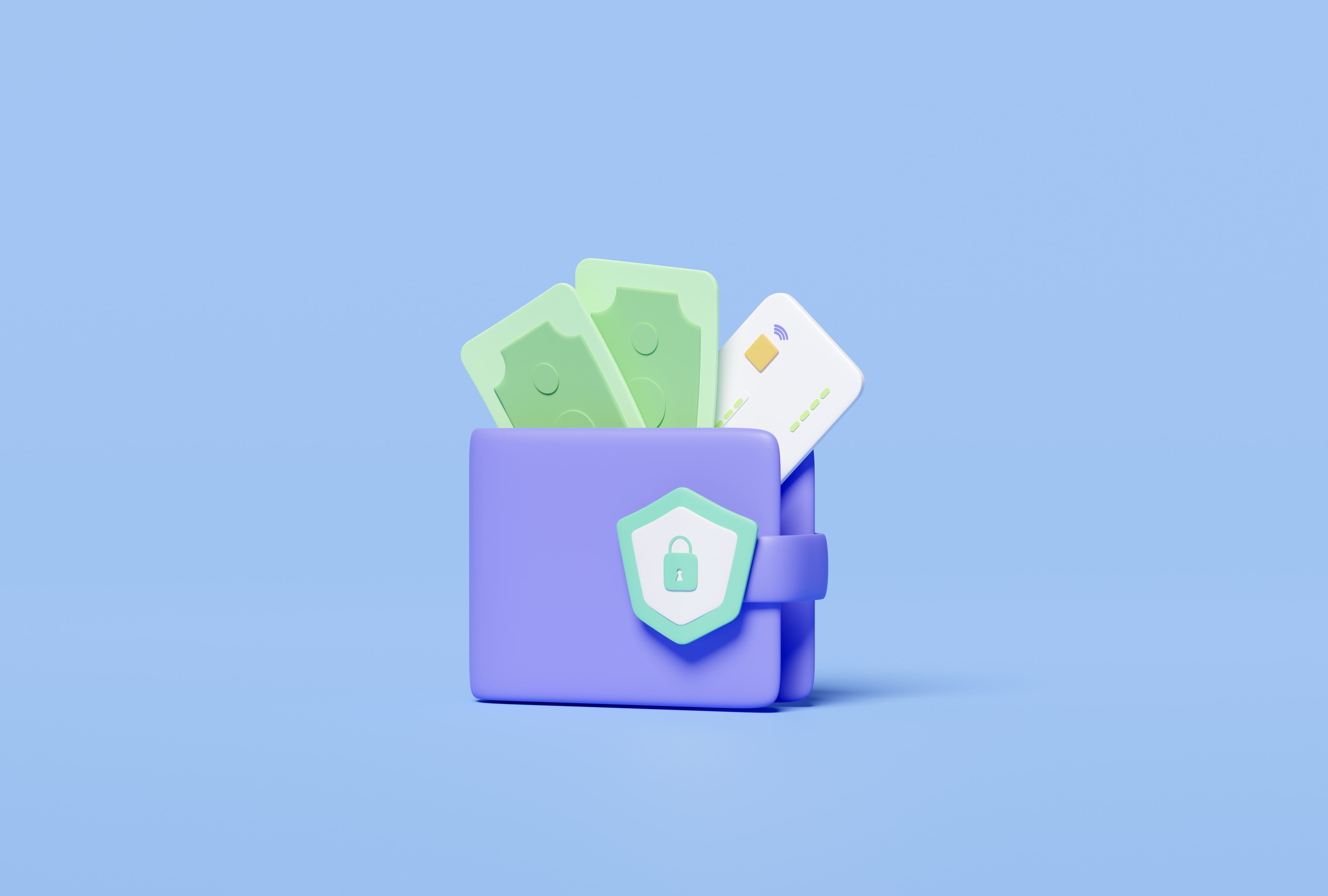3d wallet icon with shield, credit card, dollar banknote isolated on blue background. saving money, financial business protection concept.