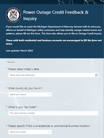 Power Outage Credit Feedback and Inquiry form
