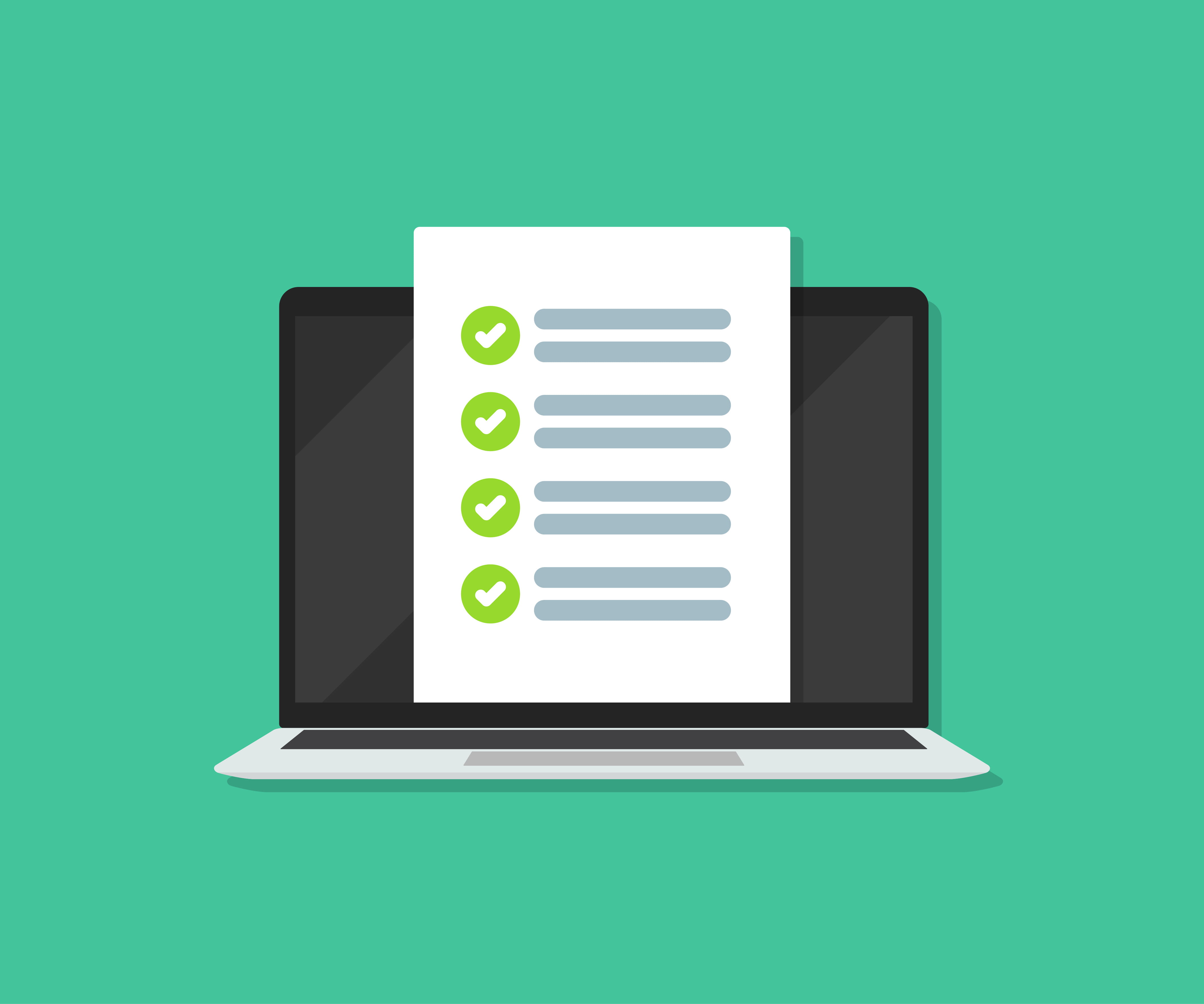 Checklist document on laptop in a flat design. Vector illustration.