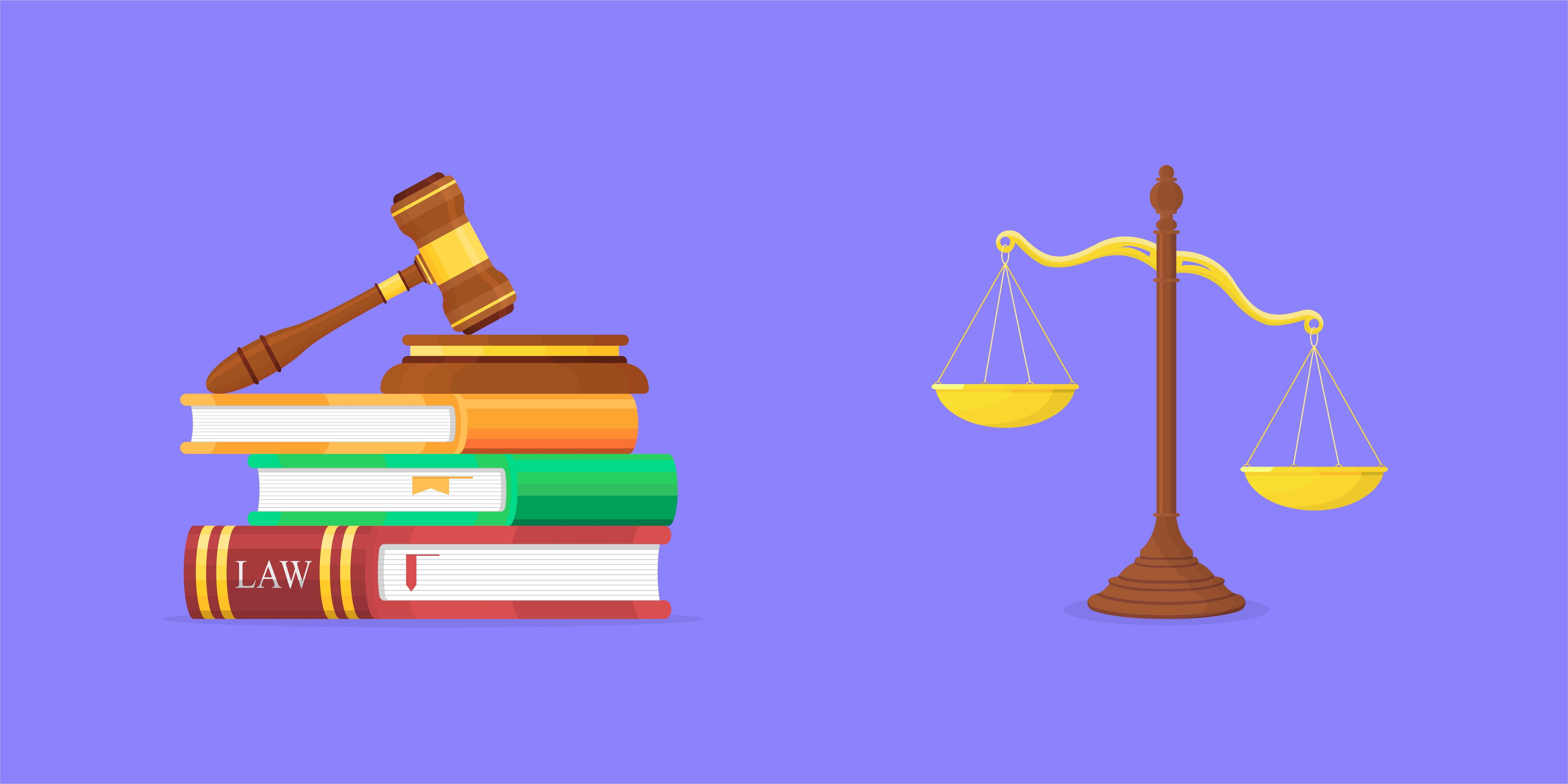 Law and justice. Large-scale justice and a wooden judge's hammer, an auction symbol, legal law and judicial power, a court decision, a vector concept of legislation. 