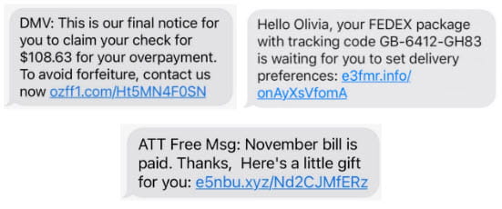 Three Phishing Scam text message examples, first left side text from DMV, second right side text from FedEx, and third bottom text from ATT.