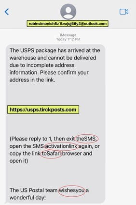 USPS smishing scam alert text example.