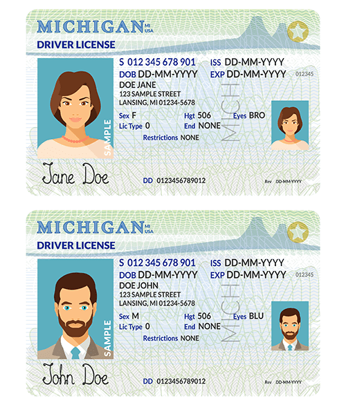 Vector template of sample driver license plastic card for USA Michigan