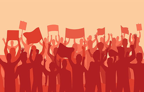 Silhouette of riot protesting crowd demonstrators with banners and flags