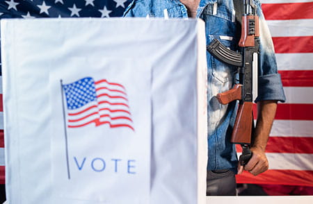 threat at polling station during election showing with unrecognizable voter with firearm