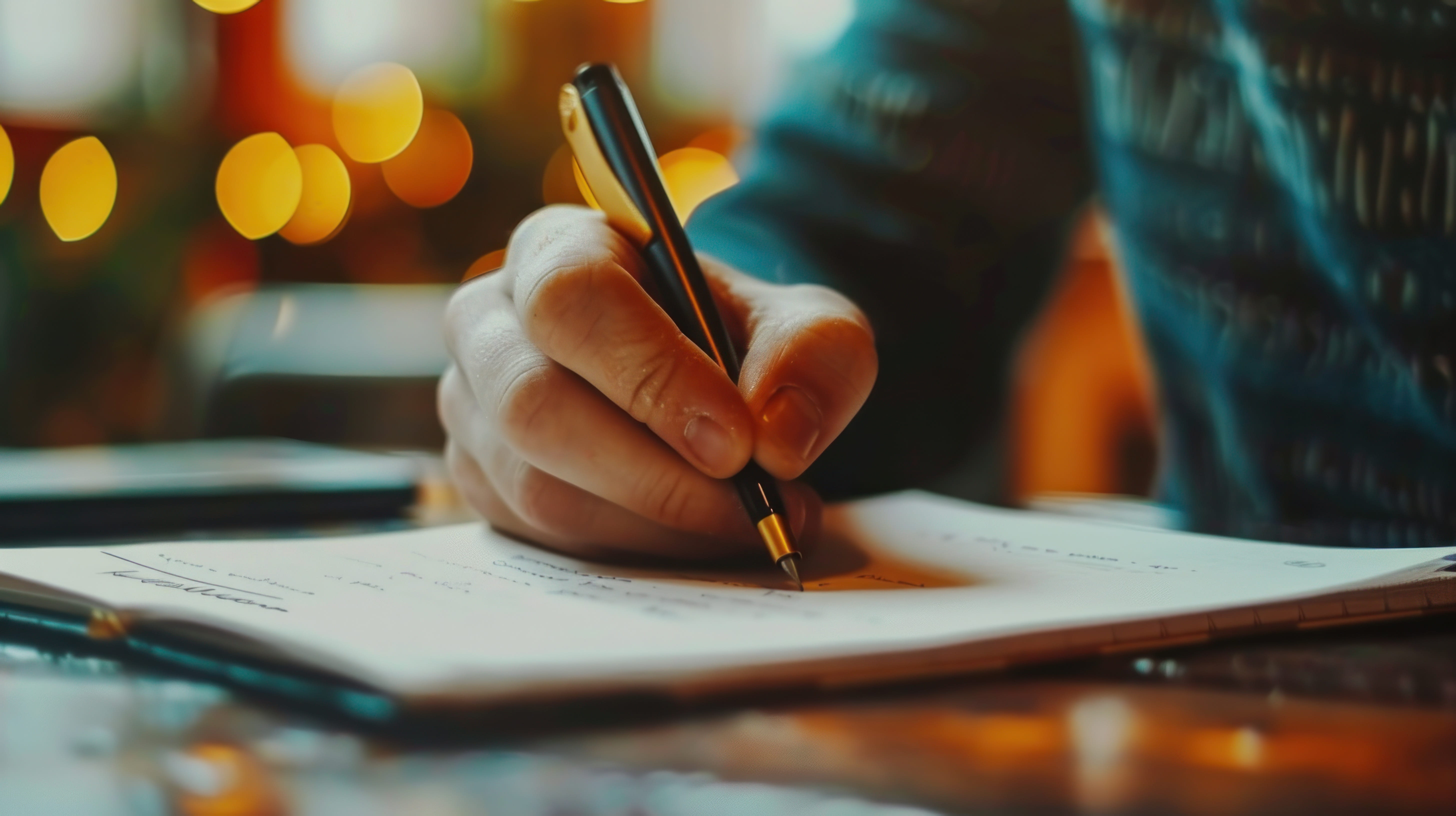 Close up hand of a businessman holding pen writing on the paper in office