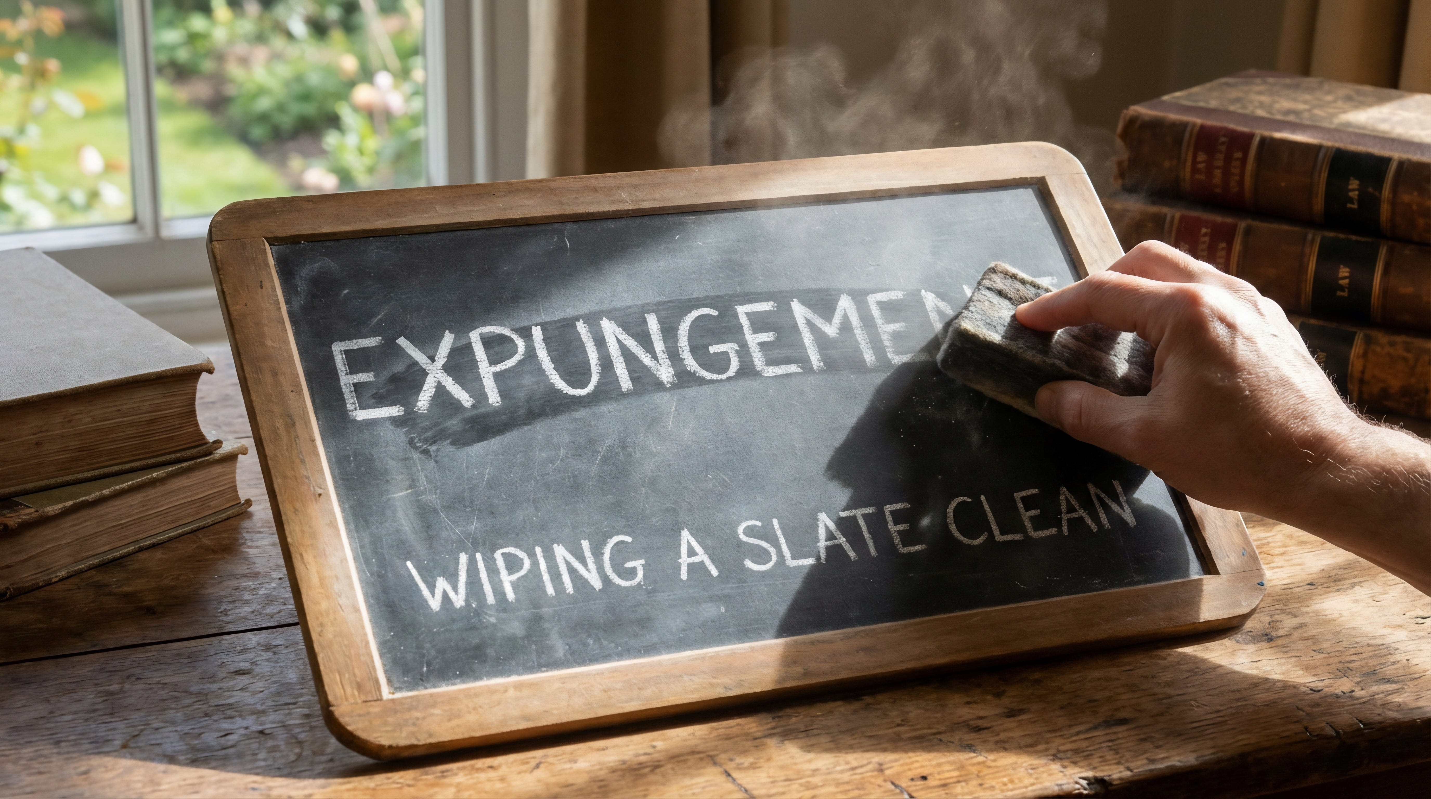A person's hand wiping a slate clean to symbolize legal expungement.