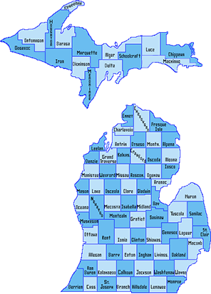 Map of Michigan outlining each County