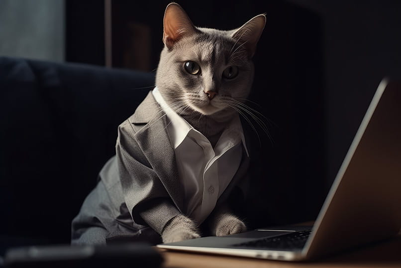 Gray cat dressed in a suit sitting behind a laptop computer.