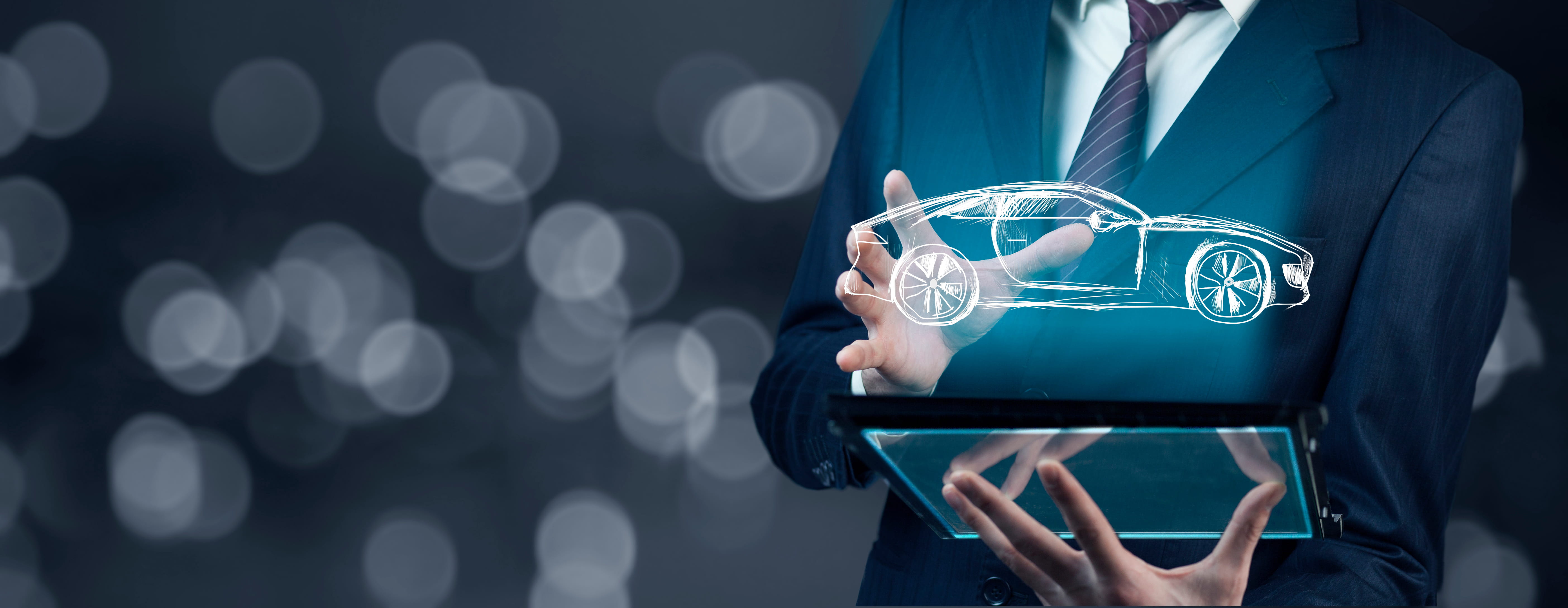 Man hand, tablet, and digital car