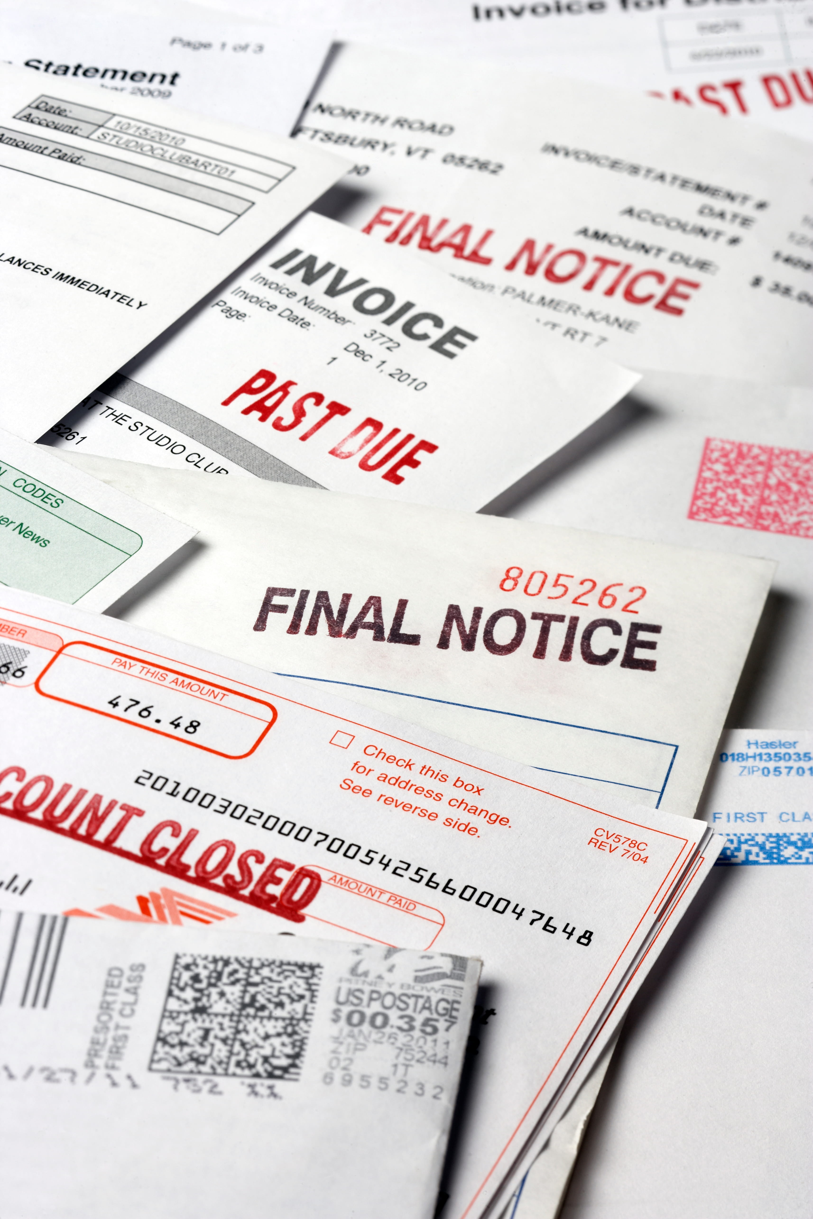 Past due notices, envelopes, statement. 