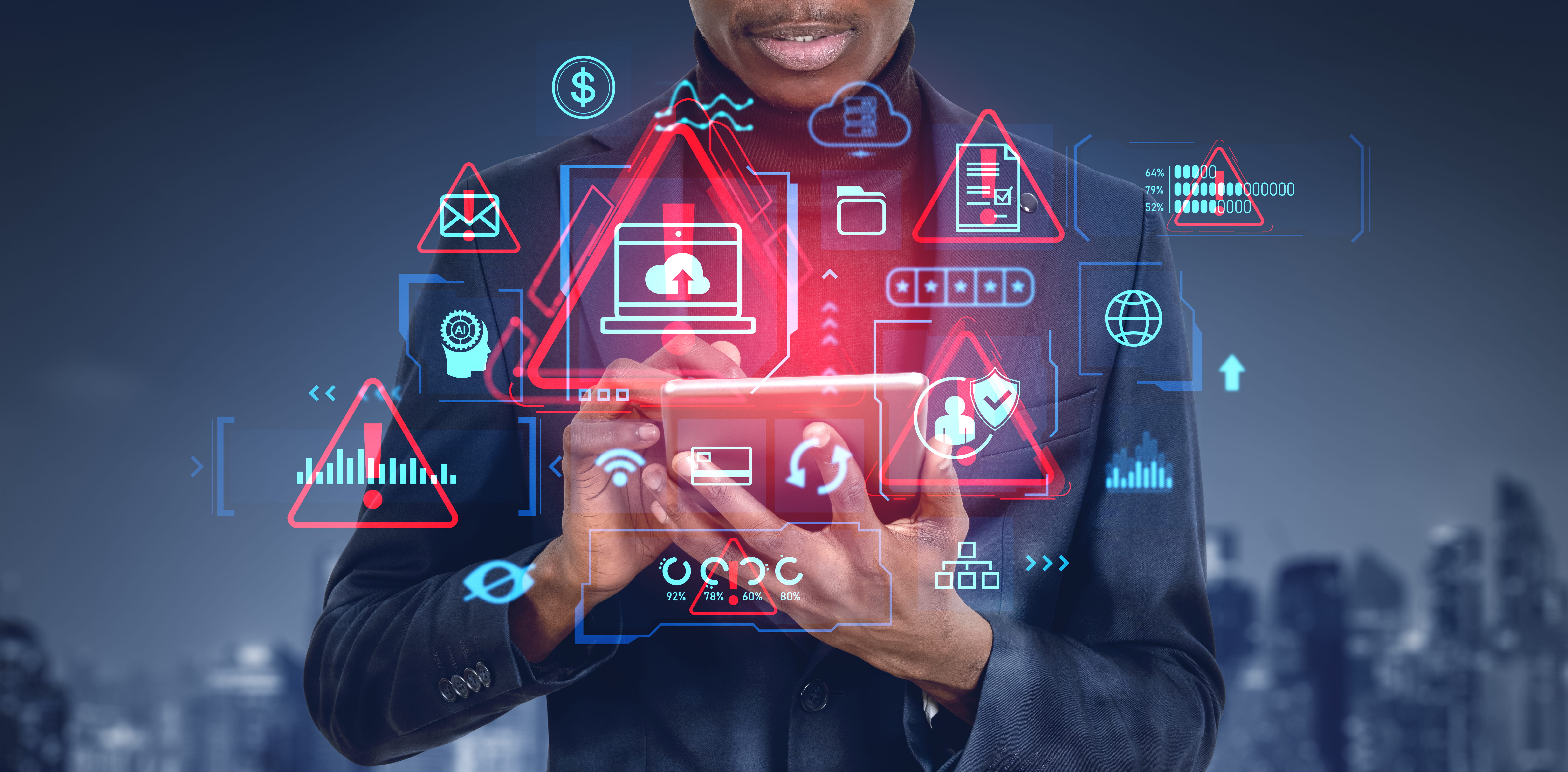 African man working with tablet, system alert hologram with diverse icons.