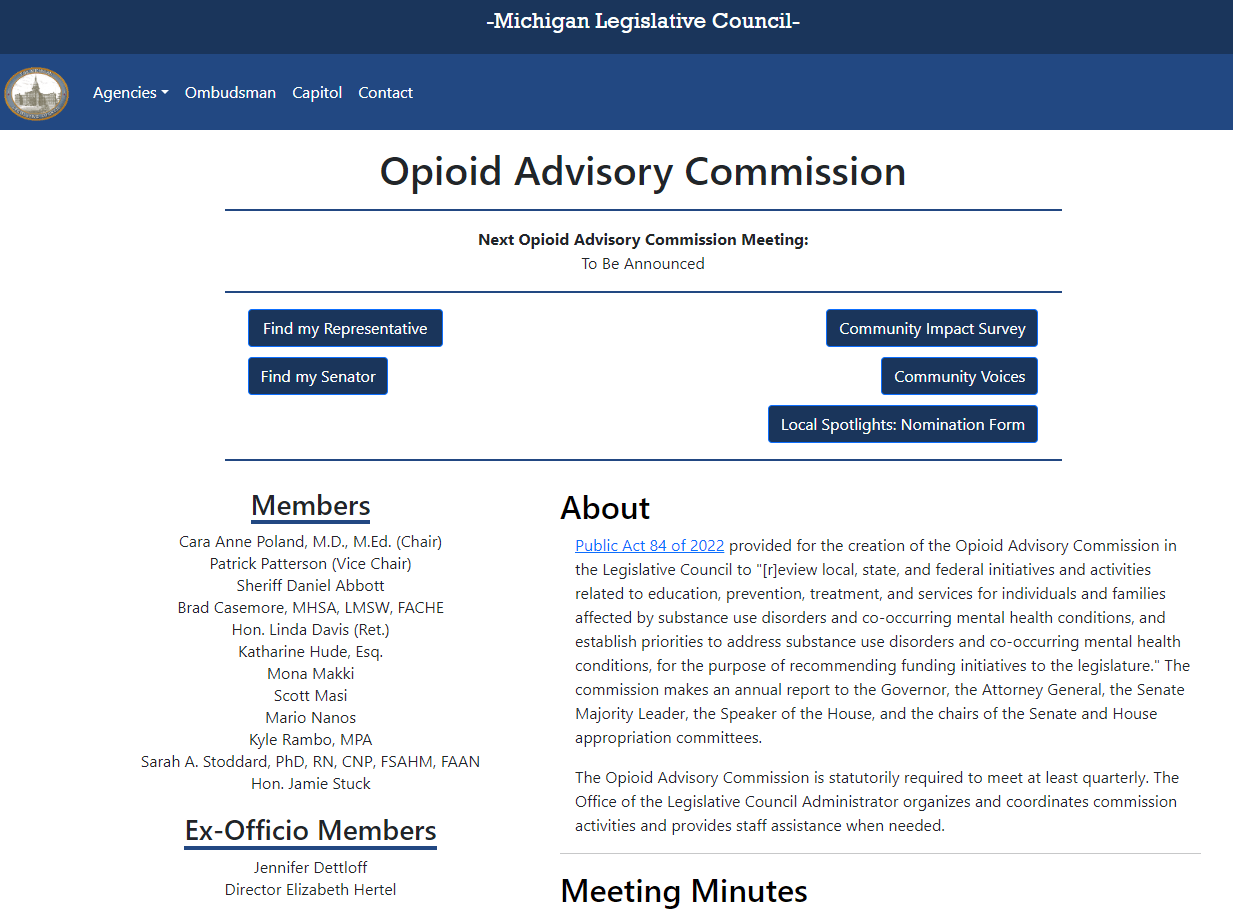 Opioid Advisory Commission's website screenshot