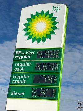 BP Gas Sign with 4.49 regular unleaded pricing