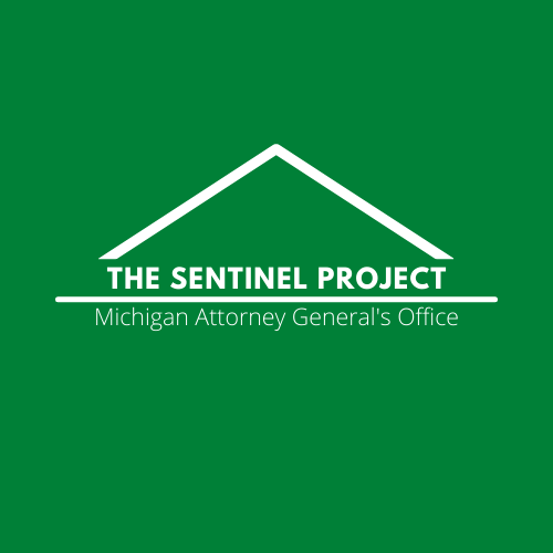 sentinal logo, green background with white roof line, straight line, the sentinel project above line, michigan attorney generals office below the line