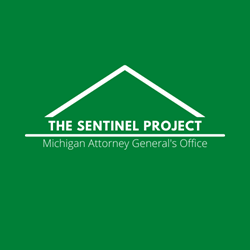 sentinal logo, green background with white roof line, straight line, the sentinel project above line, michigan attorney generals office below the line