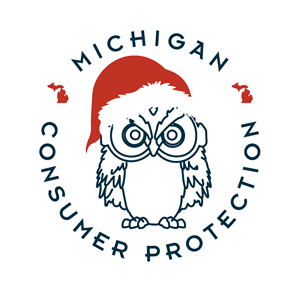 Michigan Consumer Protection logo Holiday theme, red Santa hat