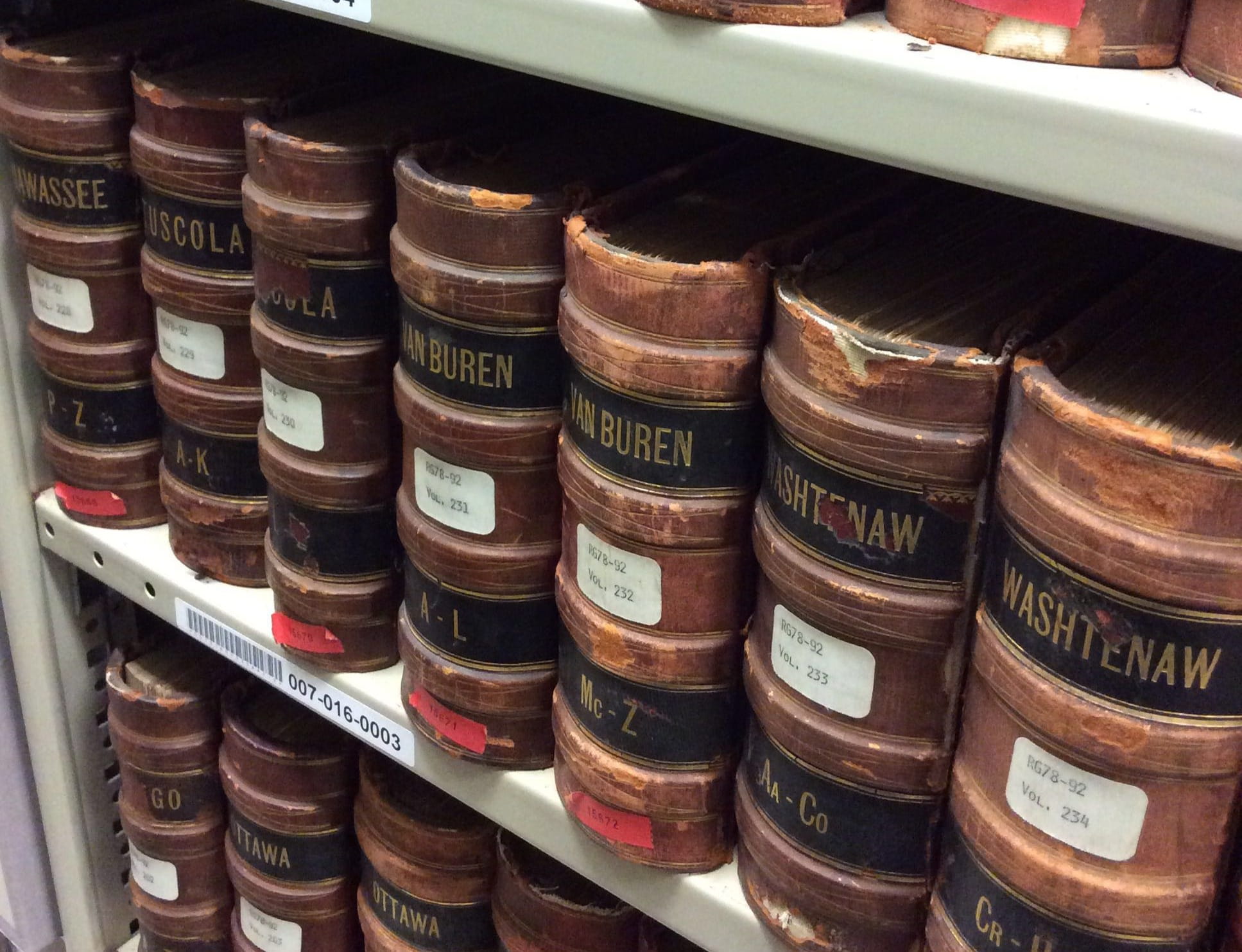 Volumes lined up on a shelf.