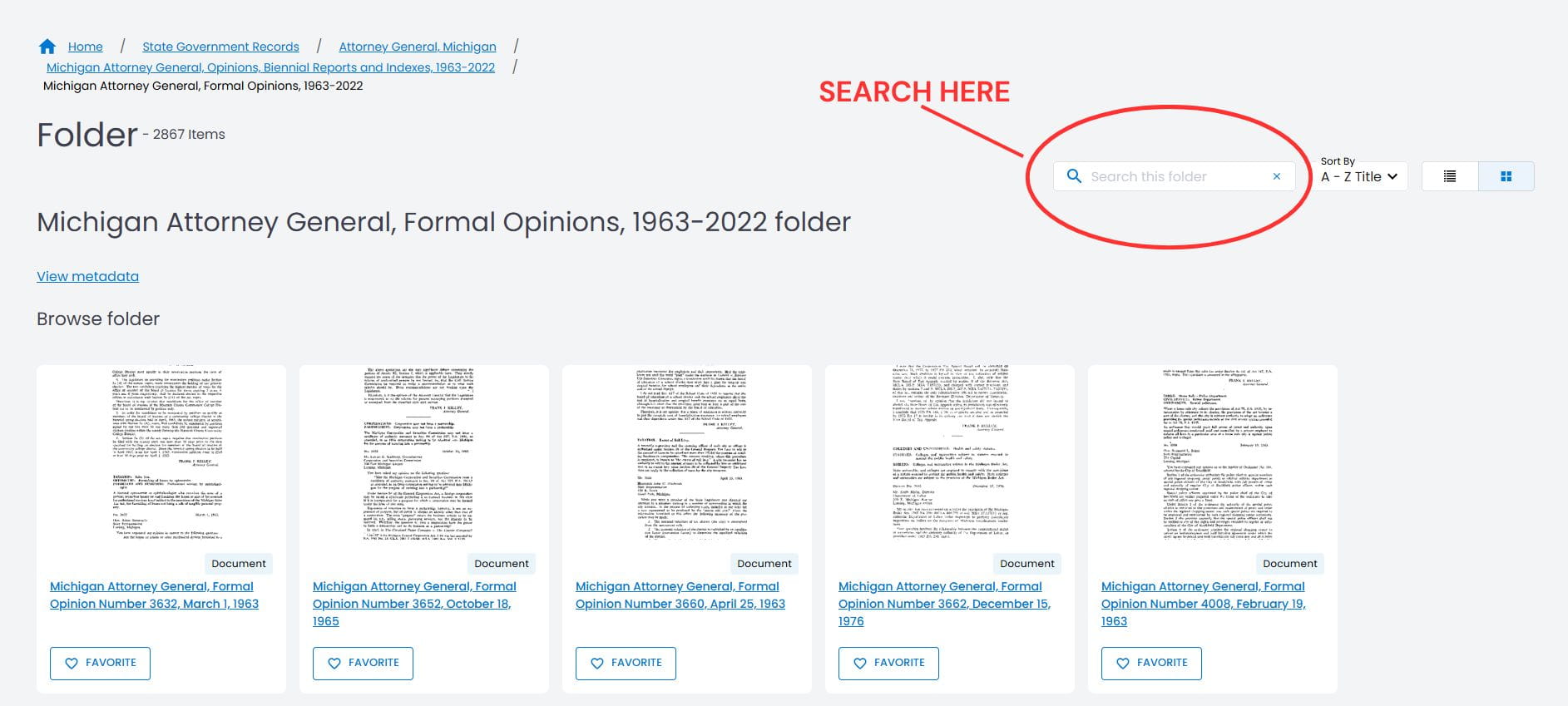 Screenshot of Preservica website featuring Michigan Attorney General, Formal Opinions, 1963-2022 with the "Search this folder" field circled in red.