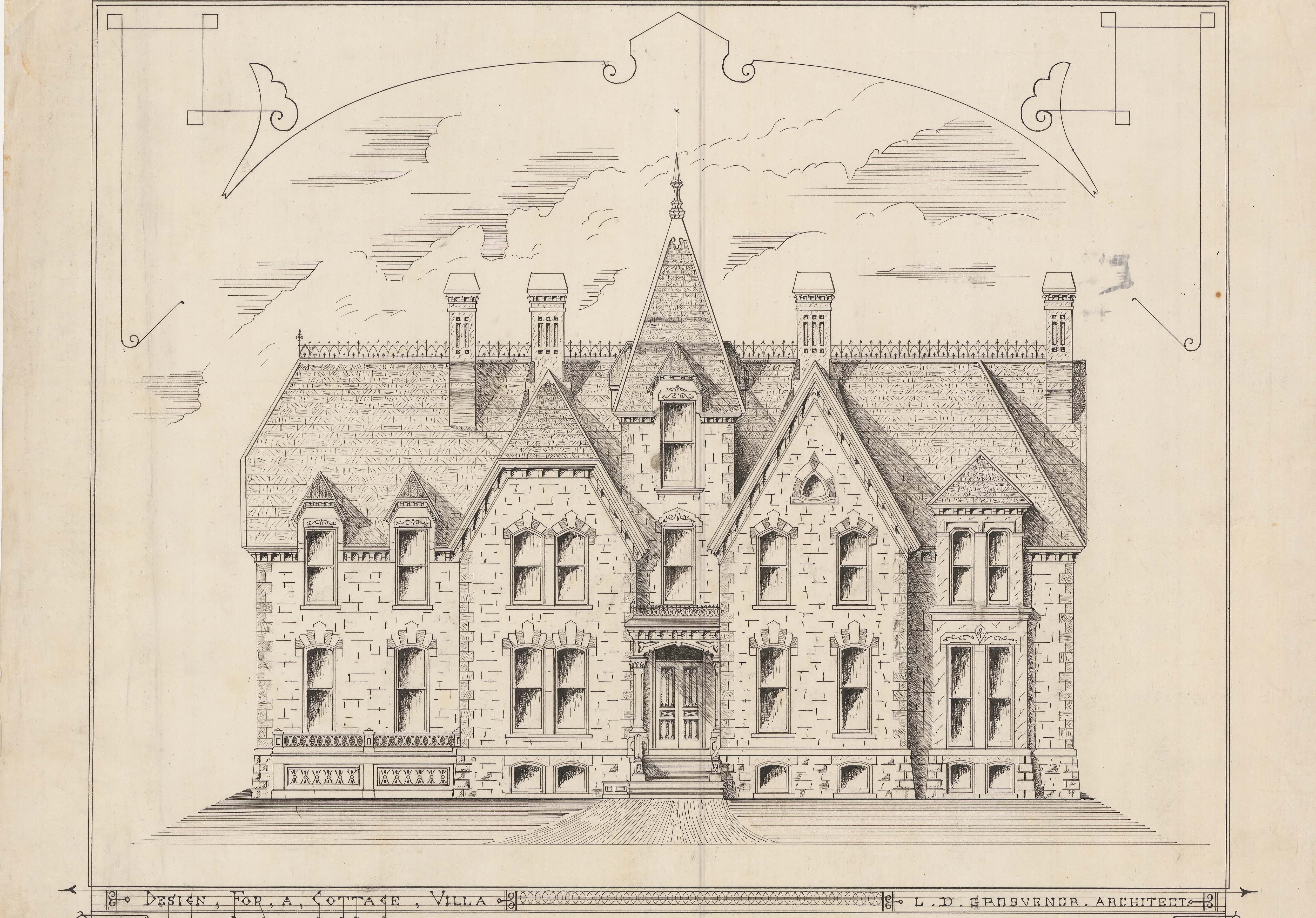 Architectual plan show the front of a three story manion.