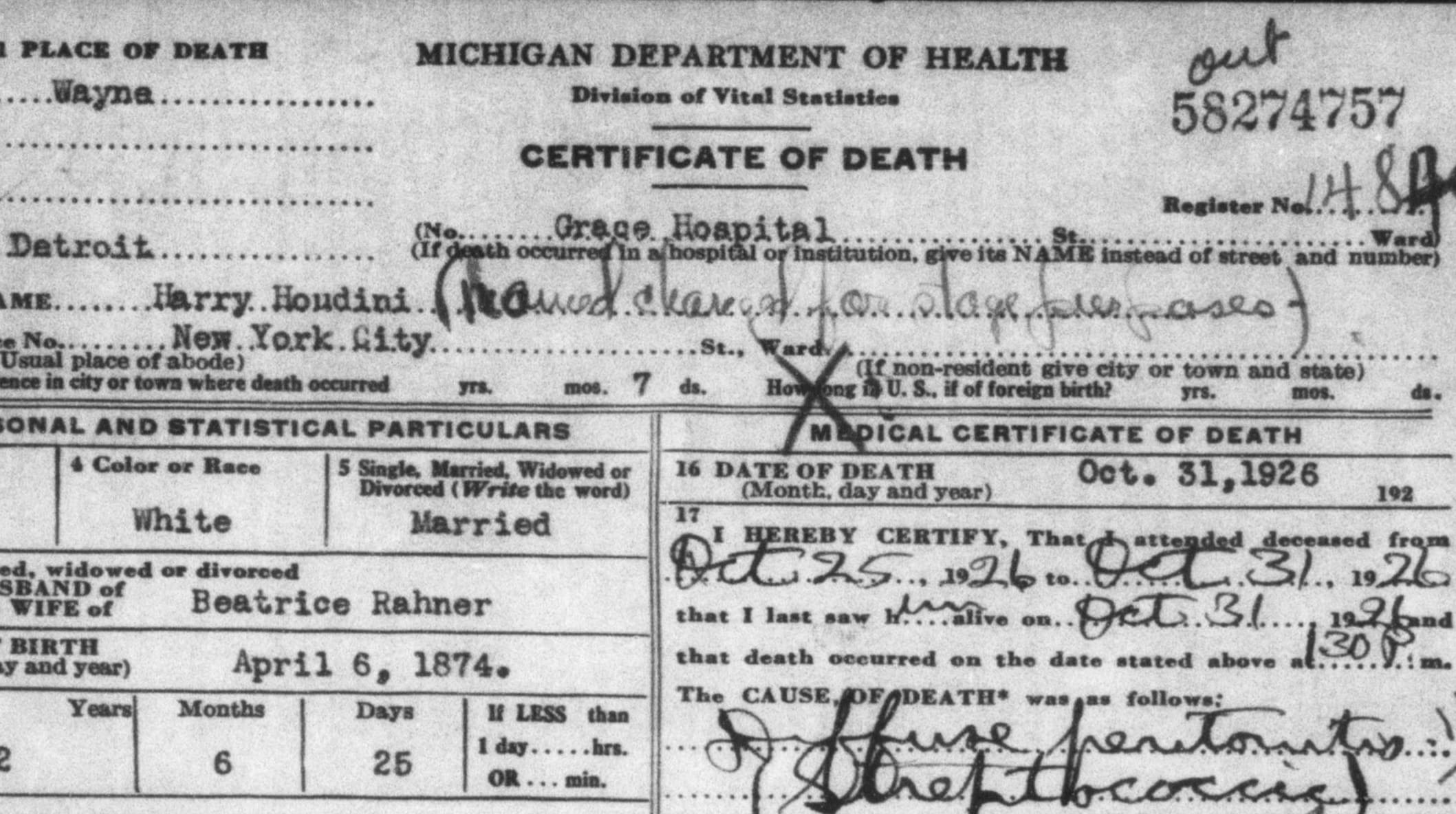Harry Houdini's death certificate.