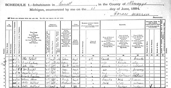 Census page from 1883 Michigan state census.